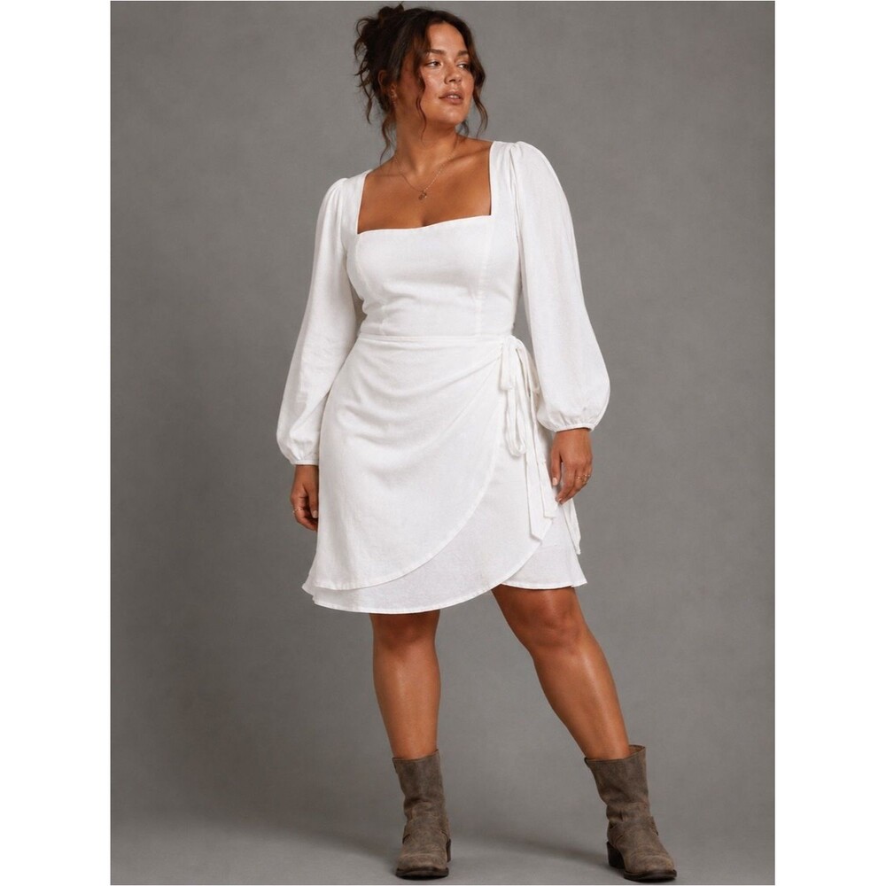 Princess Polly White Linen Blend Wrap Mini Dress Long Sleeve Square Neck US 10